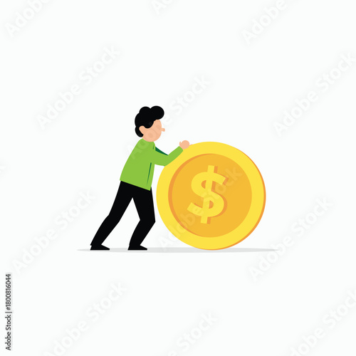 Financial growth and investment concept. Businessman struggling to push big golden coin. Effort to achieve financial freedom and success