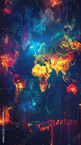 A vibrant, abstract digital painting depicts a world map with glowing continents against a dark, grid-like background. The colors are rich