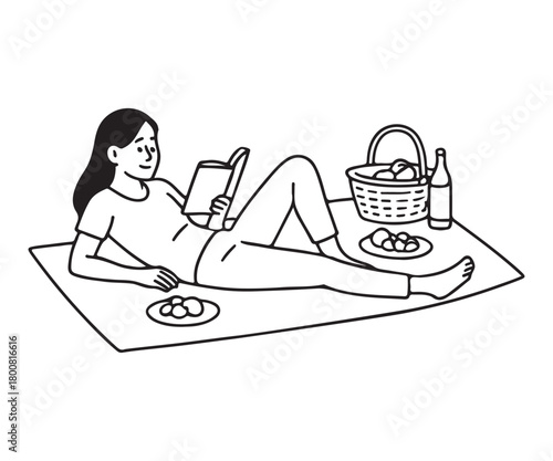 Relaxing picnic illustration of a woman reading a book on a blanket with a basket, wine, and snacks for lifestyle blogs and summer promotions