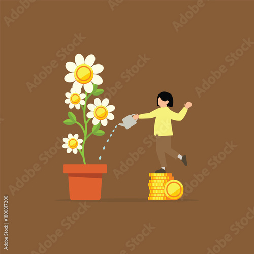Woman watering flower growing from money pot, symbolizing long-term investment, financial growth, and passive income creation. Flat vector. Saving and growing money concept