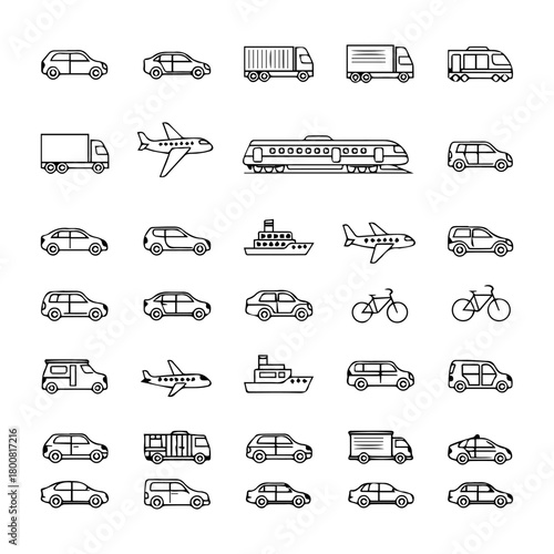A grid of line drawings showing different transportation vehicles