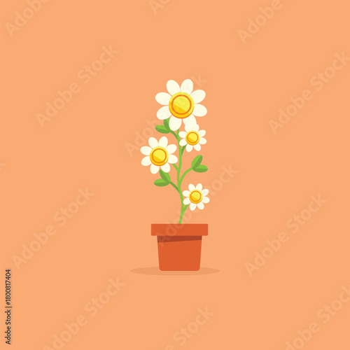 Blooming plant in pot with golden coins inside flowers. Concept of success, passive income, and profitable future investments. Flower with dollar sign in center, symbolizing financial growth