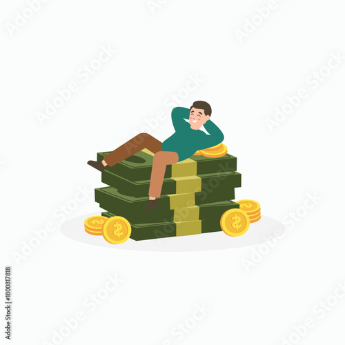 Flat illustration of a man relaxing on a pile of money and gold coins, symbolizing wealth, financial freedom, and passive income. Happy man enjoying passive income, resting on banknotes and coins