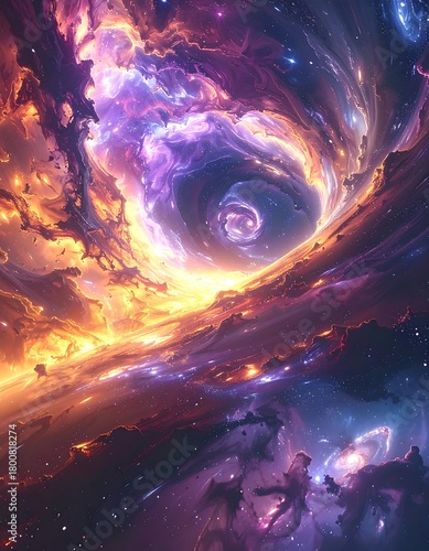 A vibrant cosmic vortex swirls, showcasing fiery orange and cool purple hues. Nebulae form, hinting at distant galaxies in this deep space vista