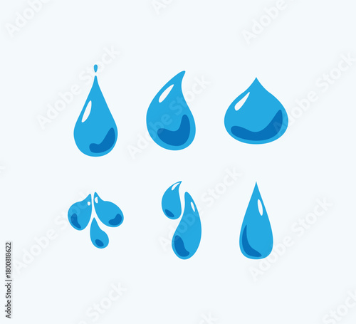 Set of bright blue water drop icons in different shapes. Clean fresh liquid, rain, or humidity vector illustration elements. Collection of cartoon water drops with highlights, isolated on white