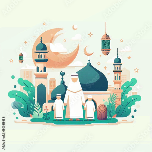 A mosque graphic features figures in Islamic dress with a moon and lanterns