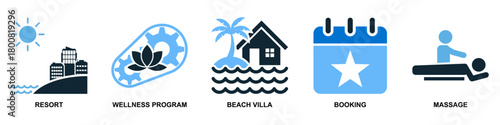 Set Resort Icon Vector Ideal for travel agencies, booking platforms, and tourism graphics requiring a collection of hospitality amenity symbols.