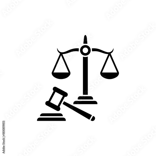 Black silhouette of scales of justice beside a gavel