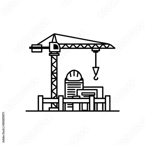 Black  white line drawing of a construction site with crane hard hat  building outline