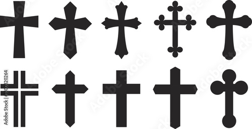 Christian cross cartoon illustration set, religious symbol vector icons, ornate and geometric cross designs, faith and spirituality artwork, cultural iconography pack