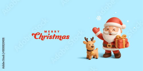 3D smiling Santa with a gift in his hand, and a little deer. For Christmas greetings concepts. Childhood, magic, salel. Vector illustration.