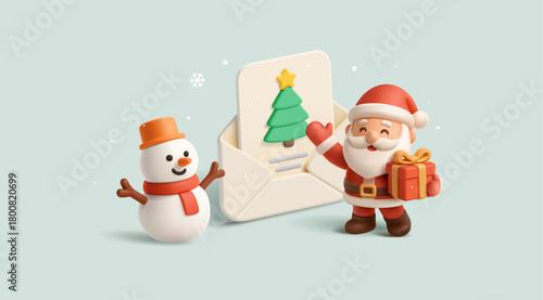 Wish list, dear Santa. 3D envelope, funny Santa with gift, snowman, snow. For best Christmas gift concepts, childhood. Vector illustration.
