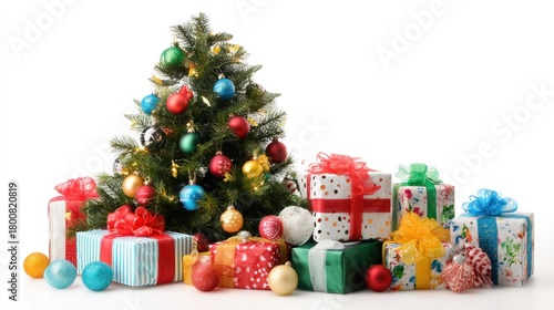 A beautifully decorated Christmas tree with colorful ornaments and presents in front of it, surrounded by a white background with a soft shadow effect.