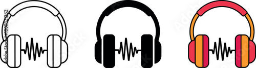Headphones Illustration Set for Music Lovers and Audio Production with Soundwave Representation