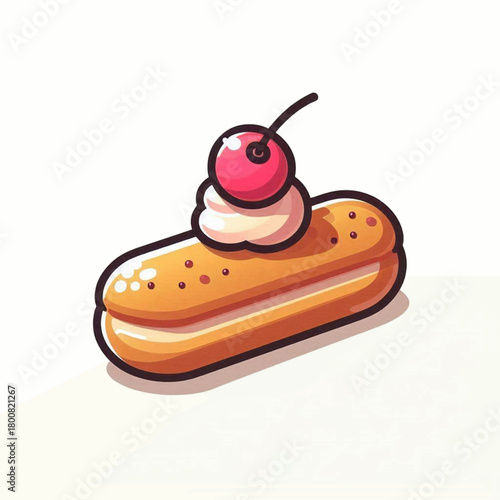 Cartoon eclair oblong pastry filled wcream topped wcherry