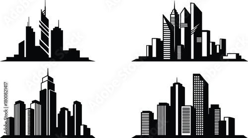 Modern city skyline silhouette set, urban building landscape vector illustration showing architecture, skyscrapers, downtown, and metropolitan cityscape design in black and white