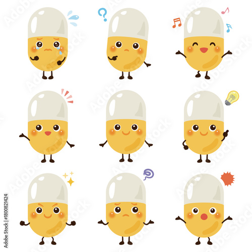 カプセル薬のキャラクターイラスト　表情セット／Character Illustration Set Featuring Capsule Medicine Characters with Various Expressions