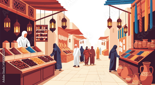 Flat vector scene of a lively Middle Eastern souk with vendors selling spices, fabrics, pottery, and dates. Solid colors, no gradients, cultural marketplace lifestyle illustration