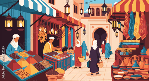 Flat vector scene of a lively Middle Eastern souk with vendors selling spices, fabrics, pottery, and dates. Solid colors, no gradients, cultural marketplace lifestyle illustration