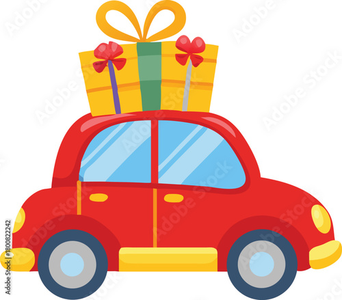 A red cartoon car happily transports a beautifully wrapped gift on its roof