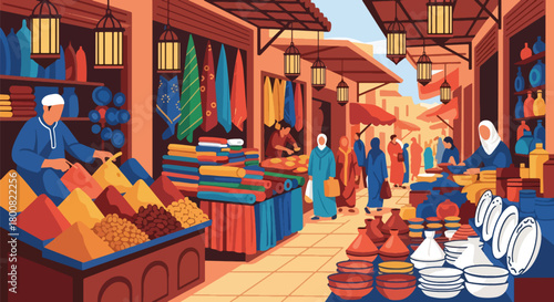 Flat vector scene of a lively Middle Eastern souk with vendors selling spices, fabrics, pottery, and dates. Solid colors, no gradients, cultural marketplace lifestyle illustration