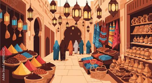 Flat vector scene of a lively Middle Eastern souk with vendors selling spices, fabrics, pottery, and dates. Solid colors, no gradients, cultural marketplace lifestyle illustration