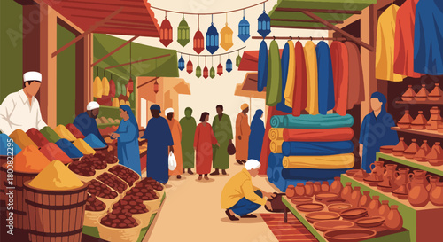 Flat vector scene of a lively Middle Eastern souk with vendors selling spices, fabrics, pottery, and dates. Solid colors, no gradients, cultural marketplace lifestyle illustration