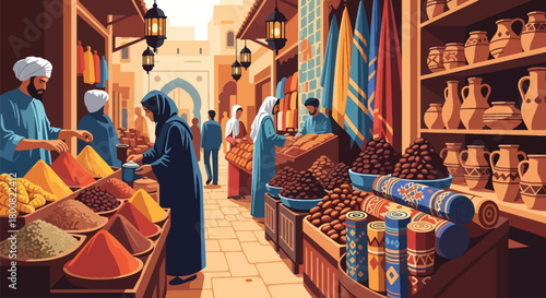Flat vector scene of a lively Middle Eastern souk with vendors selling spices, fabrics, pottery, and dates. Solid colors, no gradients, cultural marketplace lifestyle illustration