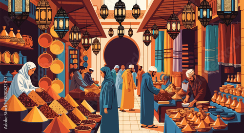 Flat vector scene of a lively Middle Eastern souk with vendors selling spices, fabrics, pottery, and dates. Solid colors, no gradients, cultural marketplace lifestyle illustration