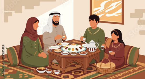Flat vector Middle Eastern family sitting on floor around low table sharing traditional food. Solid warm colors, no gradients, cultural family dining lifestyle illustration