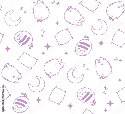 Cute Cartoon Cat Sleeping on Pillows Seamless Pattern