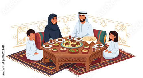 Flat vector Middle Eastern family sitting on floor around low table sharing traditional food. Solid warm colors, no gradients, cultural family dining lifestyle illustration