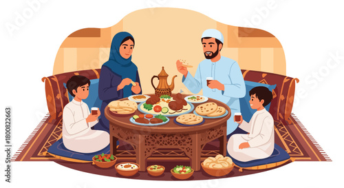 Flat vector Middle Eastern family sitting on floor around low table sharing traditional food. Solid warm colors, no gradients, cultural family dining lifestyle illustration