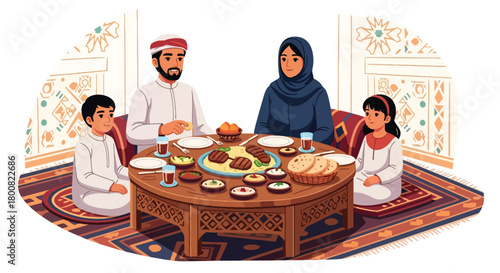 Flat vector Middle Eastern family sitting on floor around low table sharing traditional food. Solid warm colors, no gradients, cultural family dining lifestyle illustration