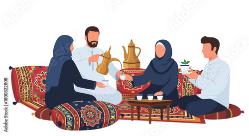 Flat vector illustration of people enjoying Arabic coffee at traditional café with cushions and dallah pot. Solid tones, no gradients, warm Middle Eastern social lifestyle scene