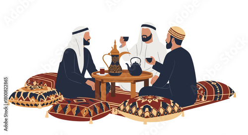 Flat vector illustration of people enjoying Arabic coffee at traditional café with cushions and dallah pot. Solid tones, no gradients, warm Middle Eastern social lifestyle scene