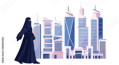 Flat vector Middle Eastern woman wearing abaya walking through modern city with tall buildings and palm trees. Solid tones, no gradients, cultural urban lifestyle illustration