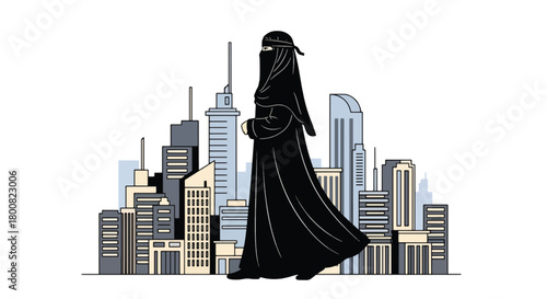 Flat vector Middle Eastern woman wearing abaya walking through modern city with tall buildings and palm trees. Solid tones, no gradients, cultural urban lifestyle illustration