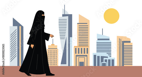 Flat vector Middle Eastern woman wearing abaya walking through modern city with tall buildings and palm trees. Solid tones, no gradients, cultural urban lifestyle illustration