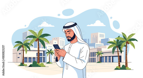Flat vector Middle Eastern man in thobe checking smartphone while standing outdoors near palm-lined walkway. Solid colors, no gradients, modern cultural lifestyle concept