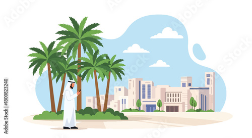 Flat vector Middle Eastern man in thobe checking smartphone while standing outdoors near palm-lined walkway. Solid colors, no gradients, modern cultural lifestyle concept