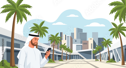Flat vector Middle Eastern man in thobe checking smartphone while standing outdoors near palm-lined walkway. Solid colors, no gradients, modern cultural lifestyle concept