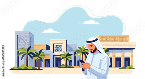 Flat vector Middle Eastern man in thobe checking smartphone while standing outdoors near palm-lined walkway. Solid colors, no gradients, modern cultural lifestyle concept