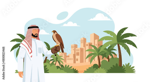 Flat vector Middle Eastern falconer holding trained falcon in desert landscape. Solid earthy colors, clean shapes, no gradients, cultural wildlife tradition illustration