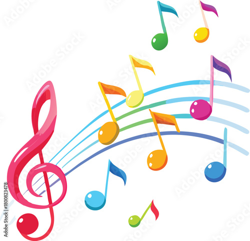 Colorful musical notes swirl around a treble clef creating a vibrant melody