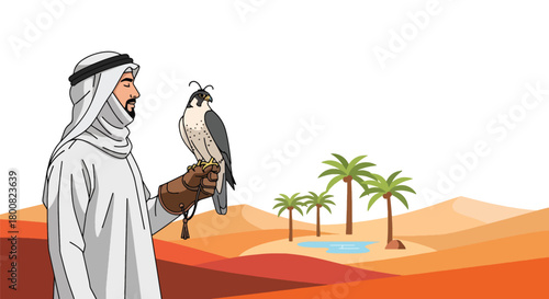 Flat vector Middle Eastern falconer holding trained falcon in desert landscape. Solid earthy colors, clean shapes, no gradients, cultural wildlife tradition illustration