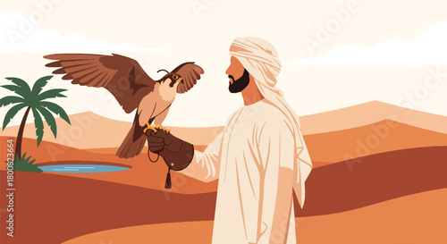Flat vector Middle Eastern falconer holding trained falcon in desert landscape. Solid earthy colors, clean shapes, no gradients, cultural wildlife tradition illustration