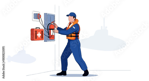 Flat vector faceless safety officer in submarine wearing orange life vest, checking emergency equipment