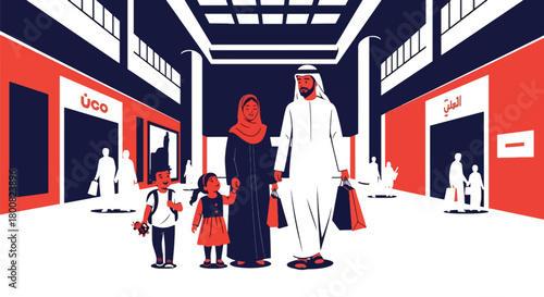Flat vector Middle Eastern family walking inside modern shopping mall with bags in hand. Solid bright palette, no gradients, cultural family lifestyle illustration