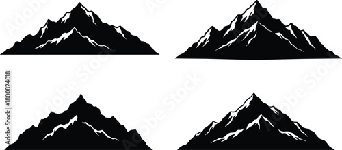 Mountain peak silhouette set, black and white vector illustration of rocky alpine landscapes, nature adventure, travel, hiking, and outdoor exploration concept